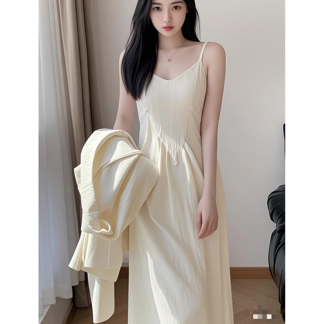 大码薄款短袖西装吊带裙套装女夏季新款胖mm时尚减龄米白气质西服