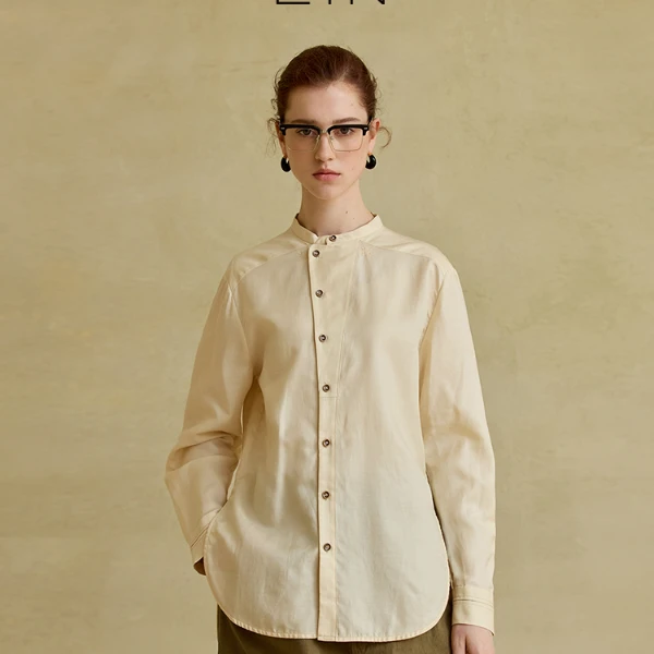 EIN/言【商场同款】文艺不对称斜襟绣花丝棉长袖衬衫2025年早春