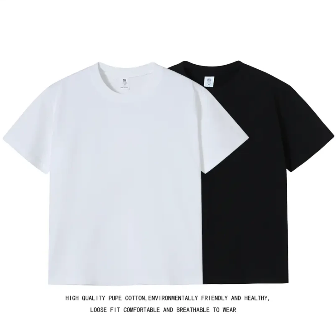 买一送一重磅纯棉2025夏季新款纯色男生宽松落肩袖短袖高级感男装