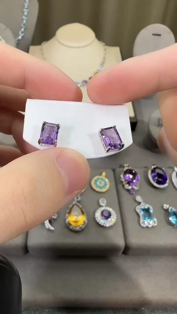 银S925镶嵌耳饰紫晶10*8mm耳钉简约款