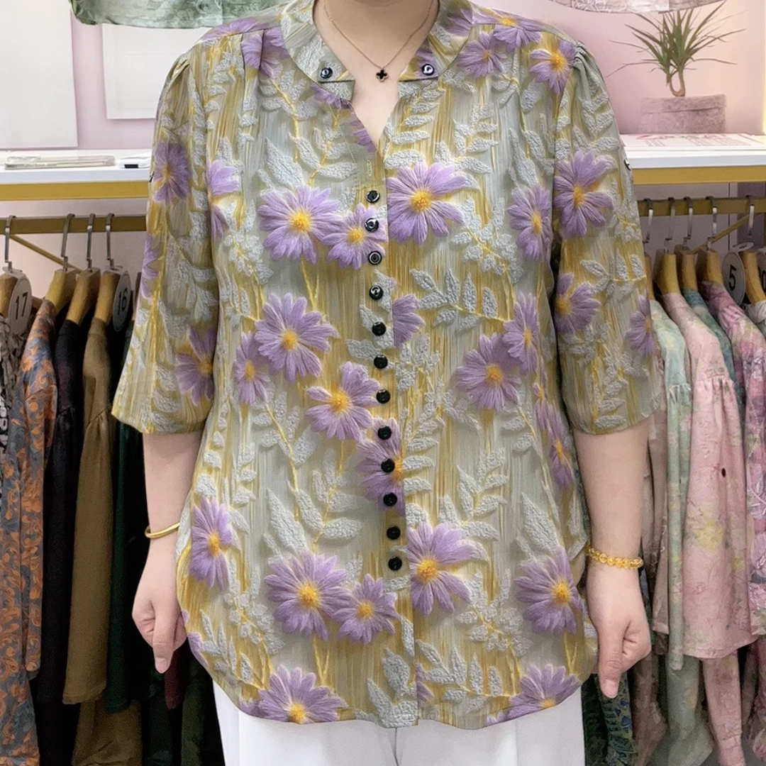 8026小雏菊叠领排扣气质五分袖套头衬衫