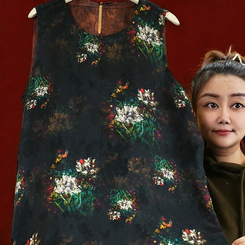 寒烟翠<<非遗美学>>香云纱真丝花罗复古印花无袖长裙1142