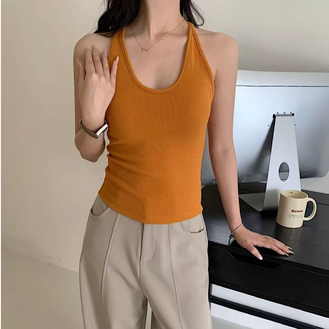 辣妹款挂脖工字背心固定杯乳胶胸垫遮副乳修身美背内搭外穿上衣