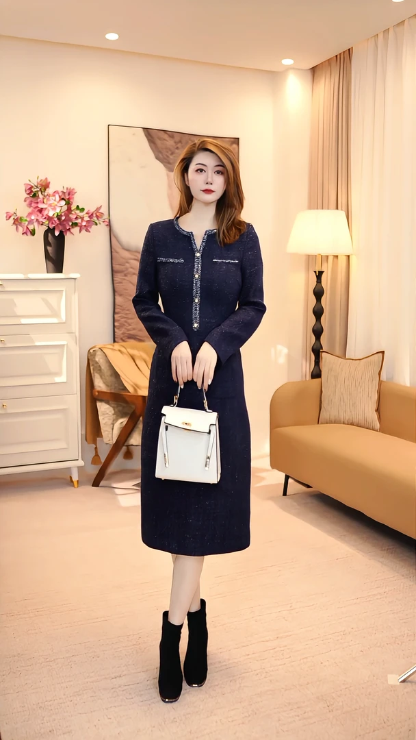 秋冬季小香风圆领优雅休闲风显瘦连衣裙复古女士时尚秋冬 86110