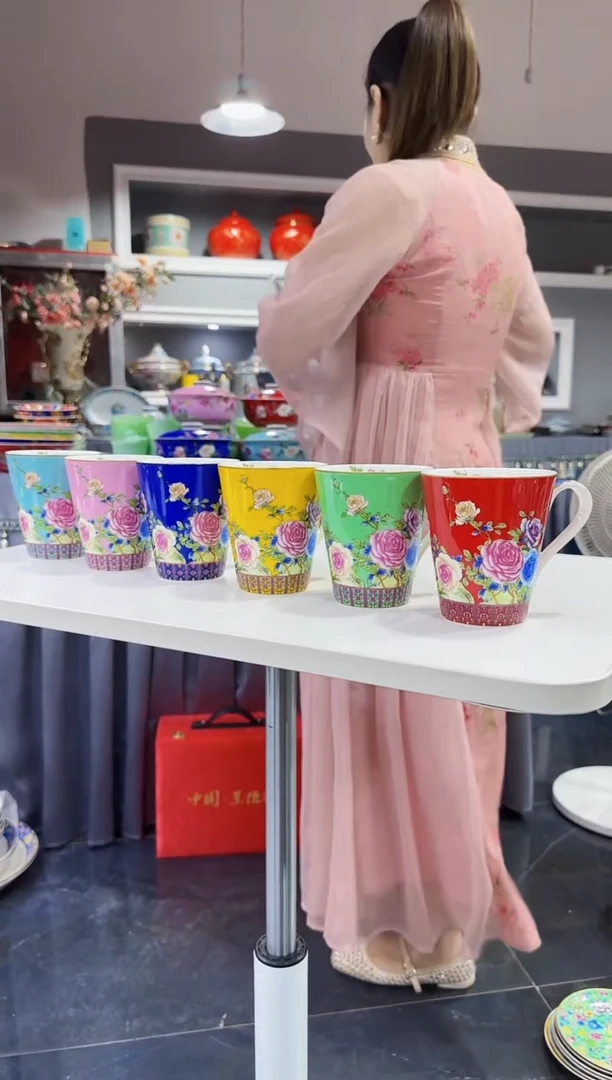 珐琅 牡丹花卉杯子6只装景德镇陶瓷