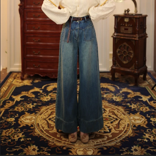 陈大器【小巷闲步】港风复古阔腿牛仔长裤女高腰百搭裤子JLM0421