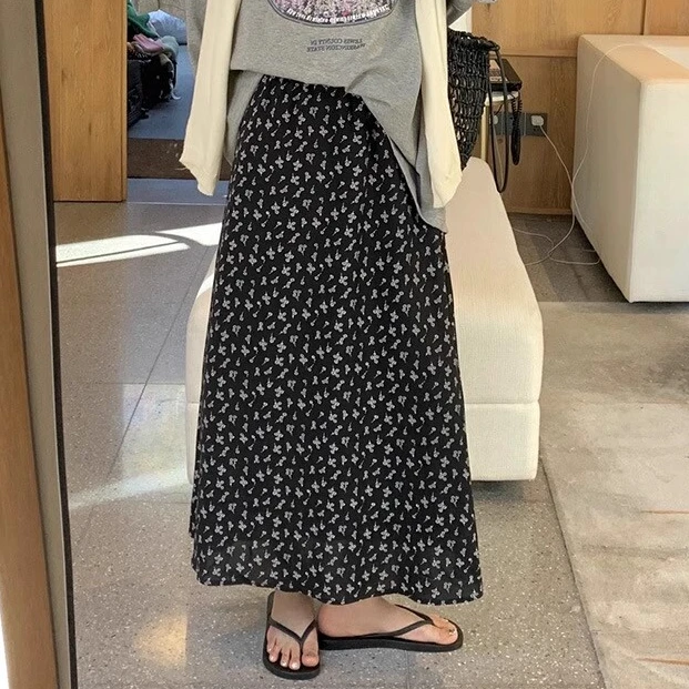 大码女装韩版夏季高腰遮肚薄款凉快碎花半身裙女中长款显瘦A字