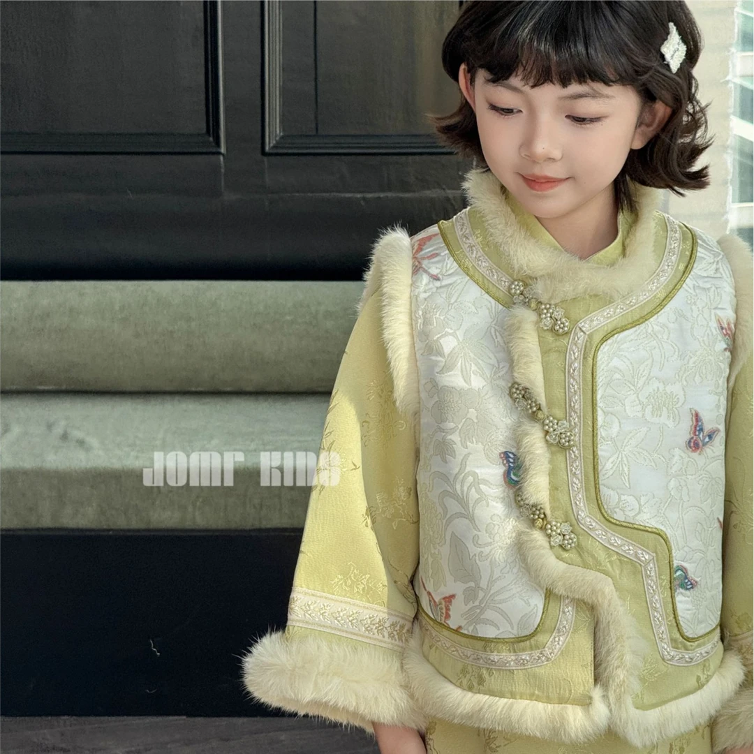 【嗒囜】女童25新款保暖加厚中国风拜年服两件套马夹+连衣裙套装