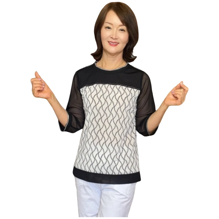 【延姐服饰2】2025新款韩国烫钻黑白拼接时尚女士七分袖上衣T恤