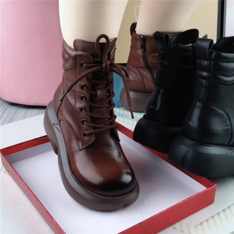 短靴女真皮厚底靴子女休闲棉鞋女冬加绒轻便舒适防滑软底马丁靴女