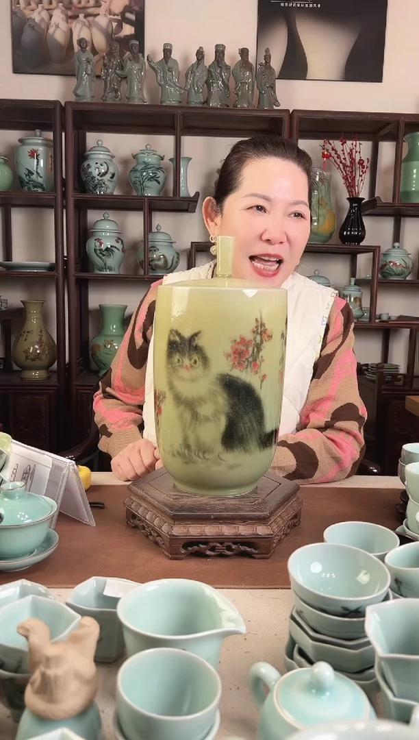 龙窑烧 窑变 猫画 盖罐L
