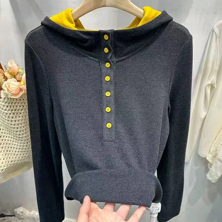 72 XZLY冬韩版撞色连帽一排扣女双面德绒保暖打底衫卫衣帽衫PD