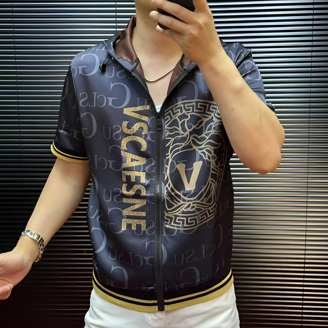 FLD甄选25新款冰丝免烫高品质夏季拉链印花连帽短袖夹克衫95215