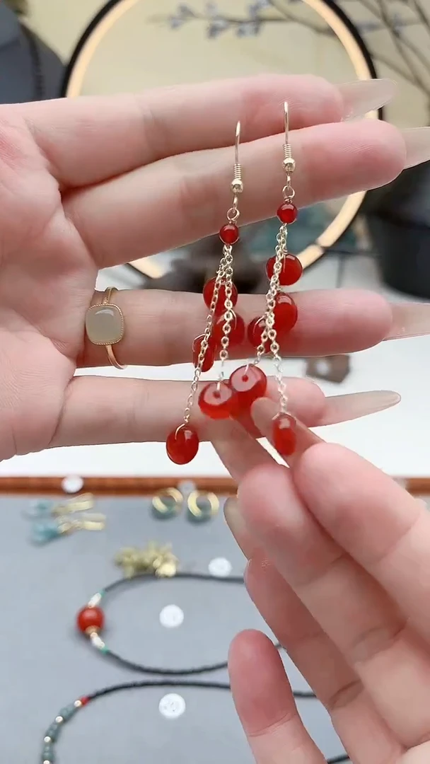 银S925镶嵌耳饰玛瑙/玉髓1算盘珠红