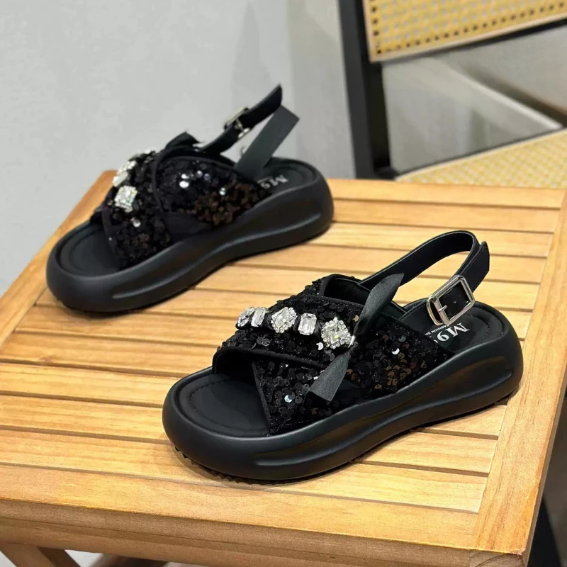 梦孜百丽交叉绊带洋气罗马凉鞋女2025年夏季踩屎感厚底学院风女鞋