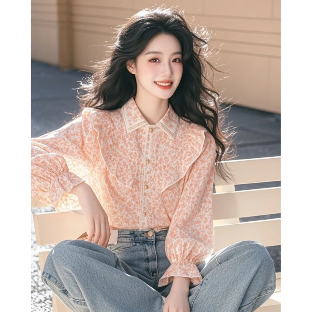 SS31春季新款小衫超好看独特漂亮洋气设计感粉色碎花荷叶边衬衫女