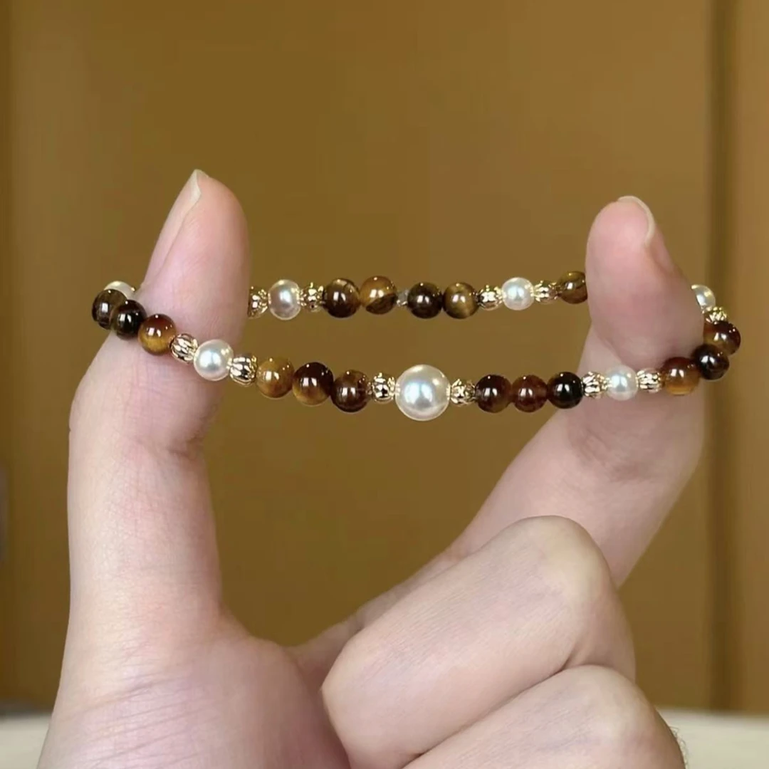铜合金手链 高亮珍珠虎眼石秋冬金棕色轻奢手链