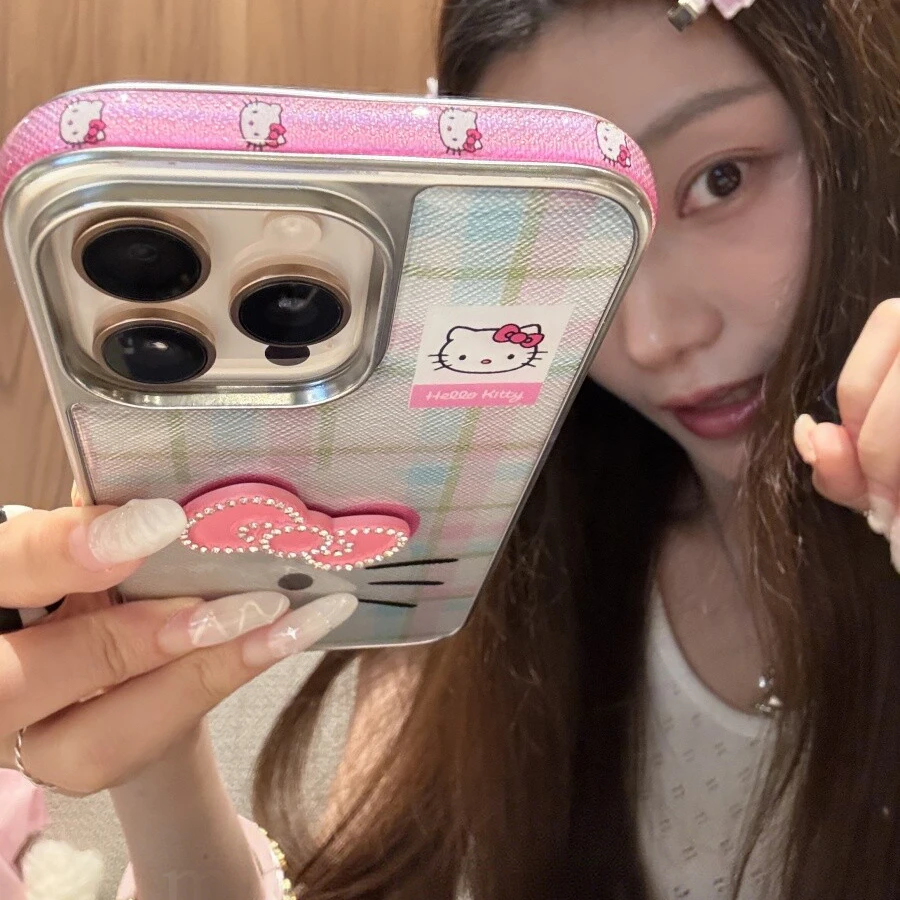 少女心格纹半脸猫咪电镀银适用iPhone16promax手机壳新款17古早