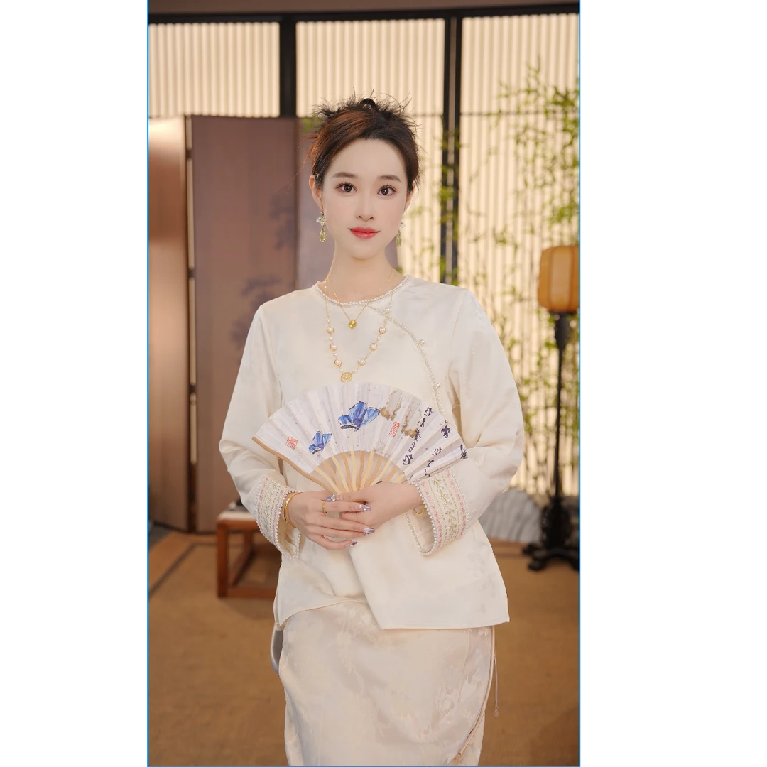 CJ【白茶】中式提花上衣2025新款精致百搭圆领长袖衬衫YY2502209