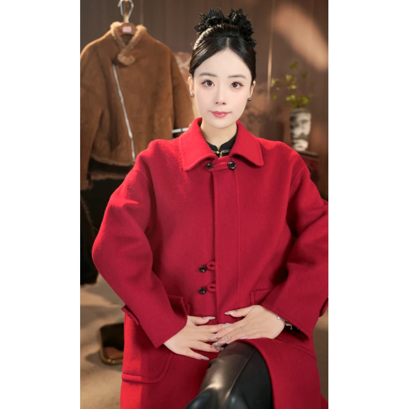 【云想妮妮-晓衣露沉】中式双面呢中场款风衣外套5231