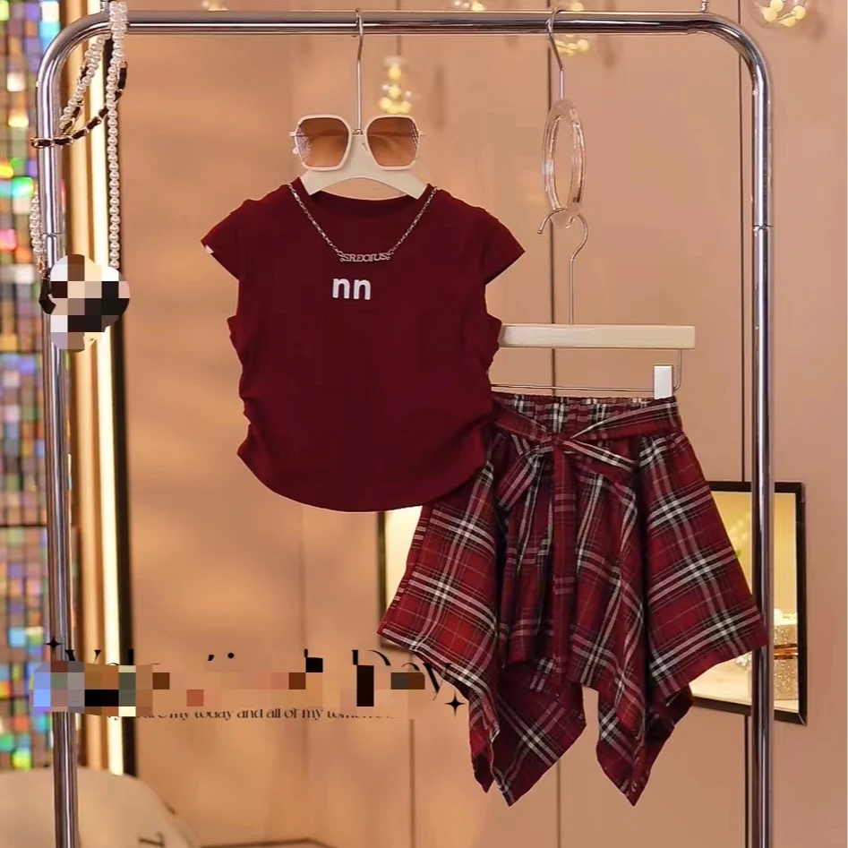 女童夏装套装儿童洋气时髦红色格子裙中大童夏季两件套