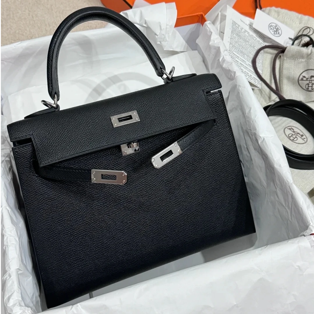 99新 Hermes/爱马仕 小花Jerry Kelly 25黑色 Ep皮 B刻 银扣包