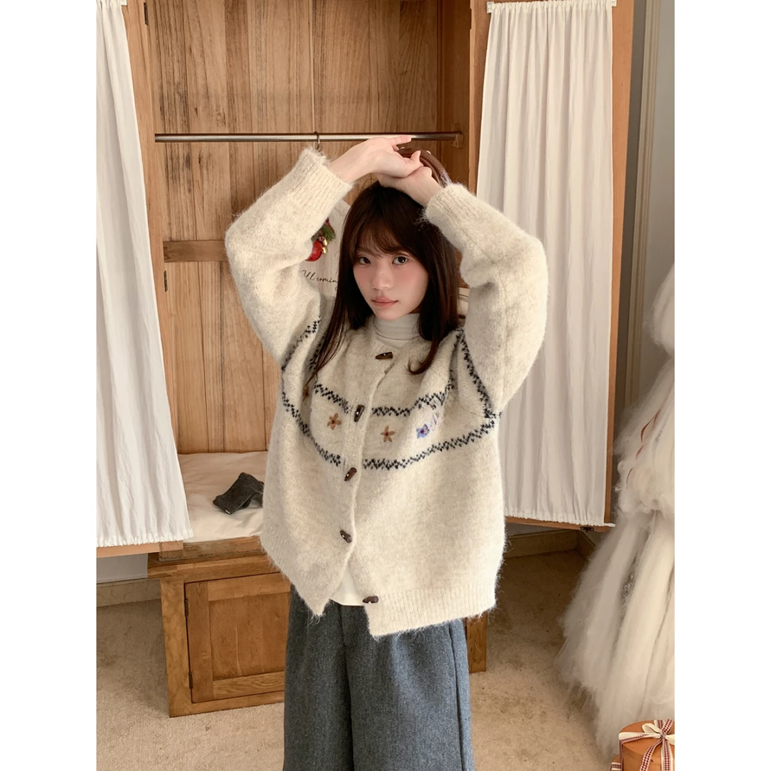 QYao Girls费尔岛毛衣开衫女秋冬季牛角扣慵懒风提花针织衫外套