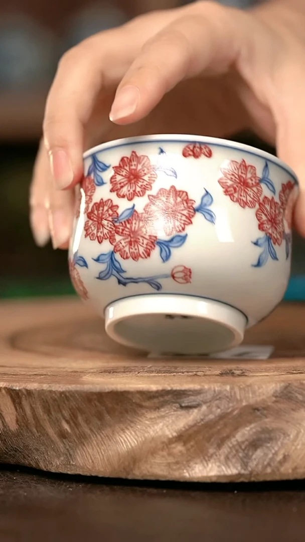 手绘手绘高温瓷 气  点工桃花高炉杯120cc
