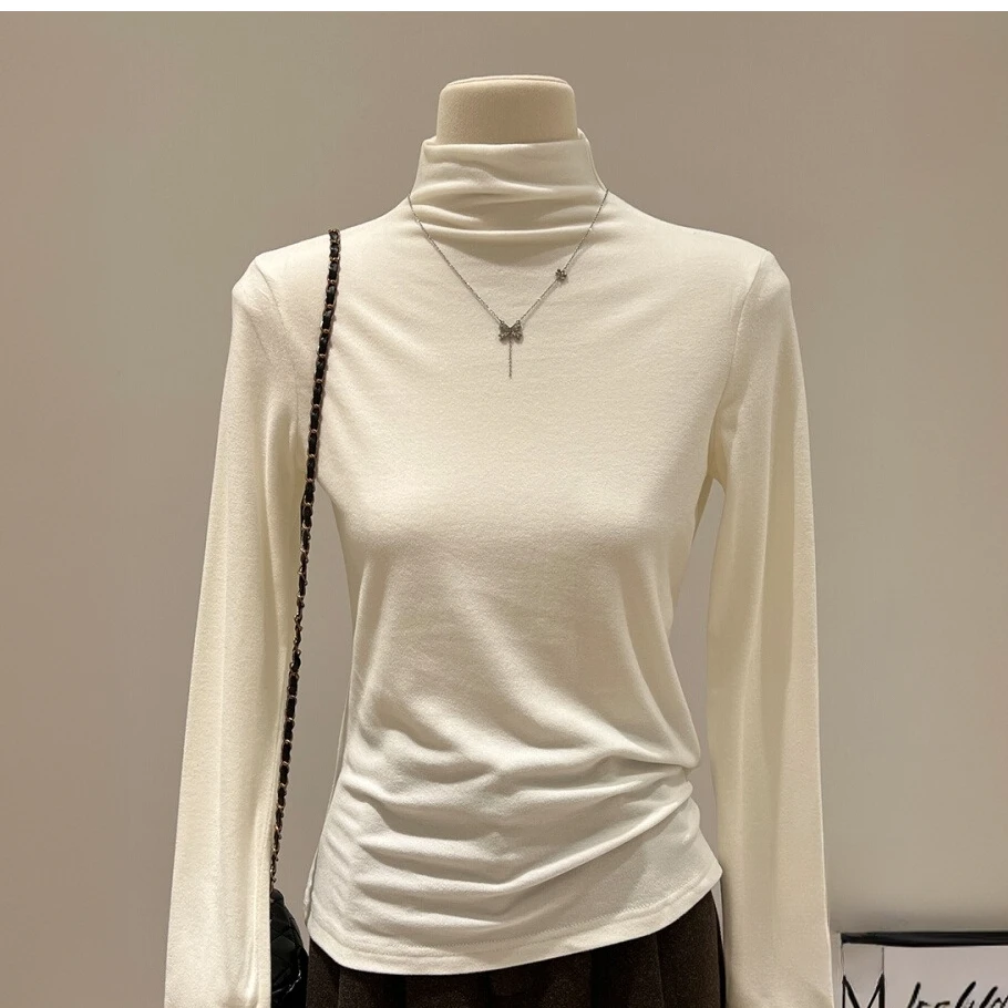 娴柔白色修身磨毛西装叠穿半高领内搭上衣2024冬季软糯长袖打底衫
