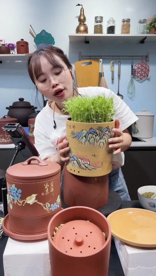山水 刻绘 黄粉+紫砂托盘