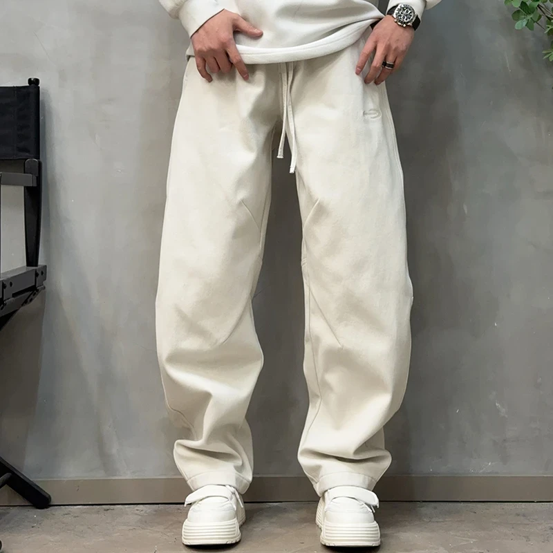 冬季加绒加厚防风拖地休闲裤男重磅宽松阔腿百搭纯色休闲工装裤潮