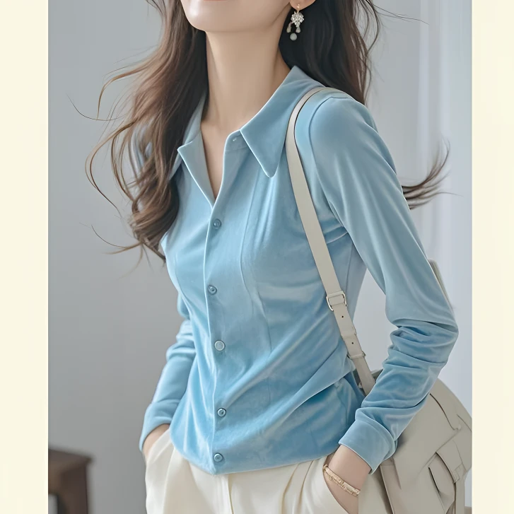 秋季韩系独特别致小衫高级感超好看上衣洋气减龄绝美蓝色丝绒衬衫