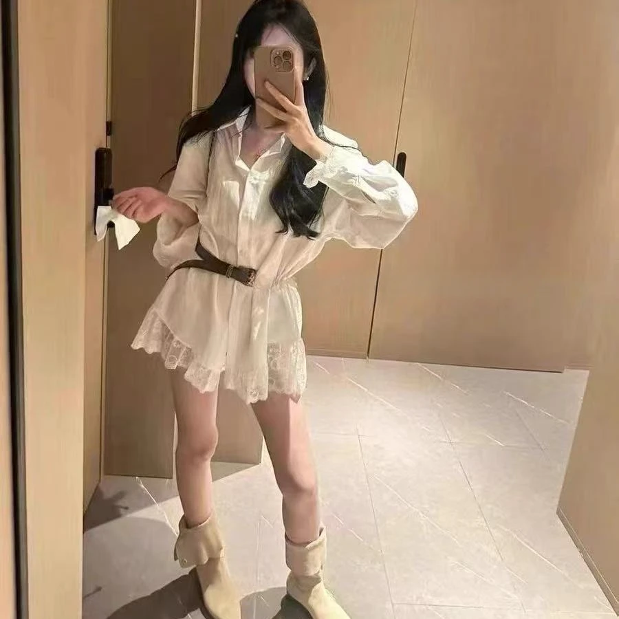 韩版2025春夏新款时尚Polo领气质蕾丝拼接纯欲风衬衫连衣裙送腰带