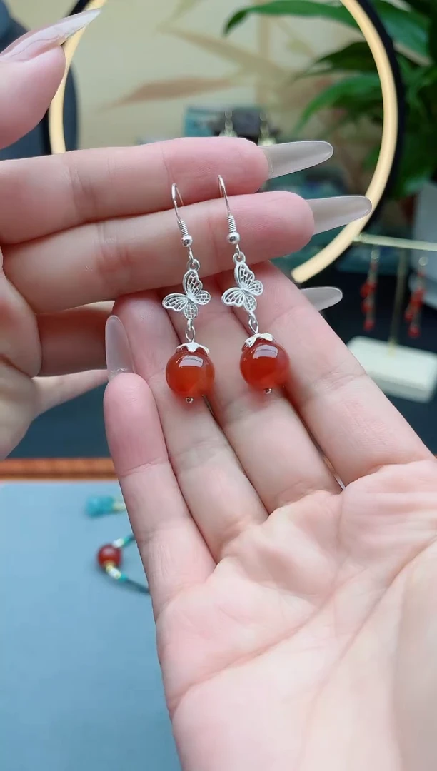 南红玛瑙银S925镶嵌耳饰306