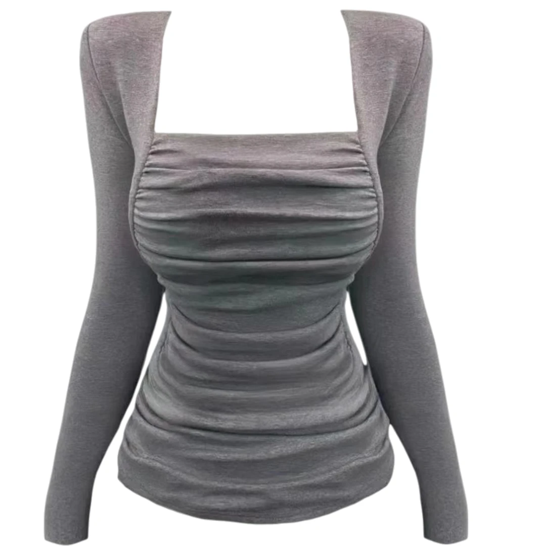 午餐肉家纯欲极简风方领褶皱长袖女秋季修身显瘦上衣T恤