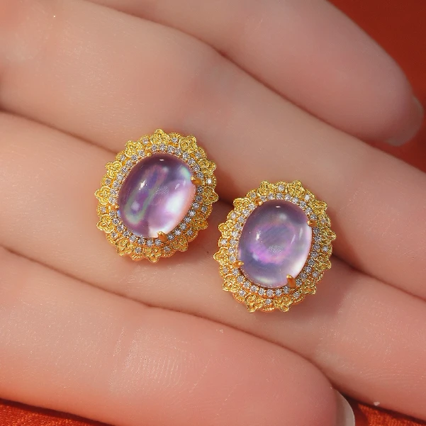 足金点钻紫水晶蛋面耳钉黄金国风耳饰