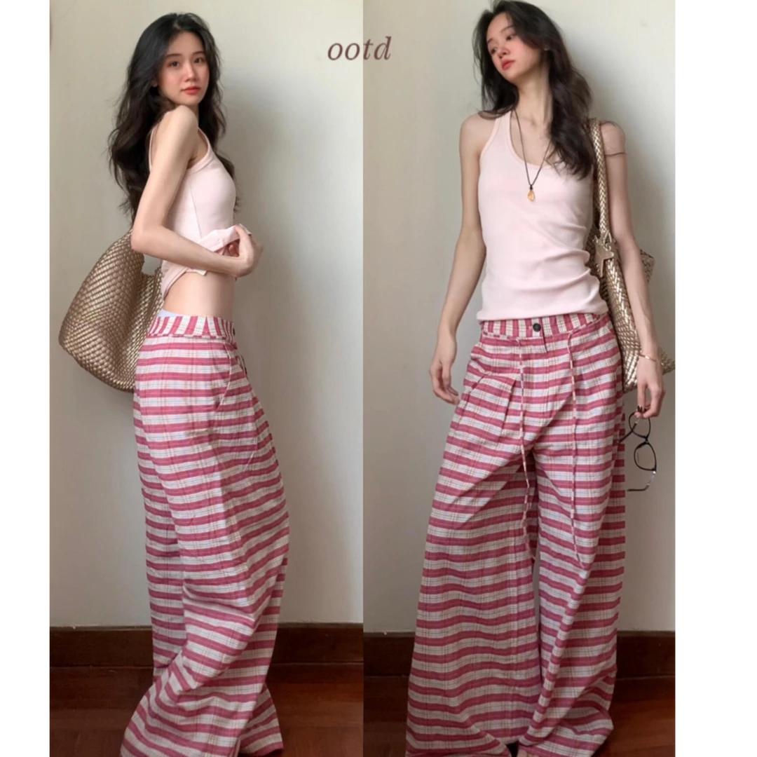 温婉大方衣服气质短袖上衣高腰显瘦裤子宽松慵懒风条纹阔腿裤套装