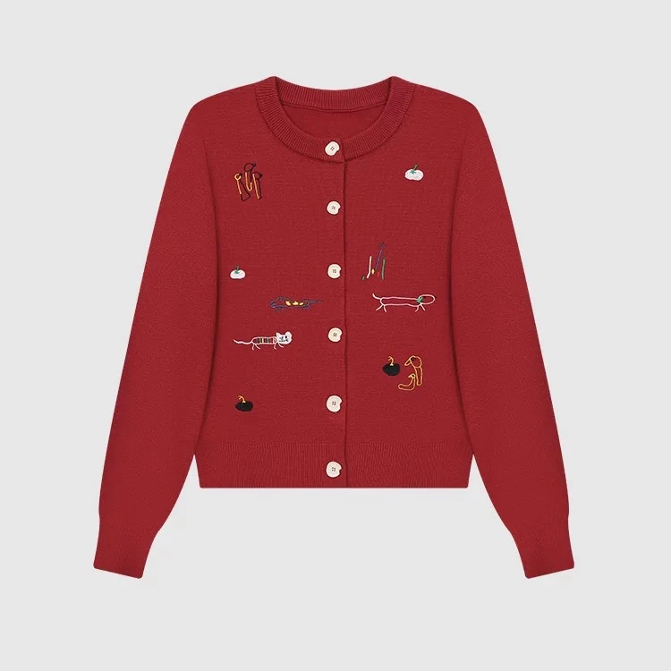 趣味刺绣红色小香风时尚百搭高级感毛衣女秋冬韩系超好看针织开衫