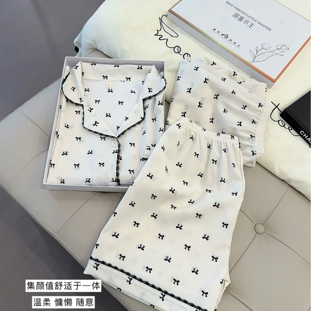 【盒装三件套】夏冰雪丝蕾丝蝴蝶结爱心三件套女家居服短裤长裤短袖