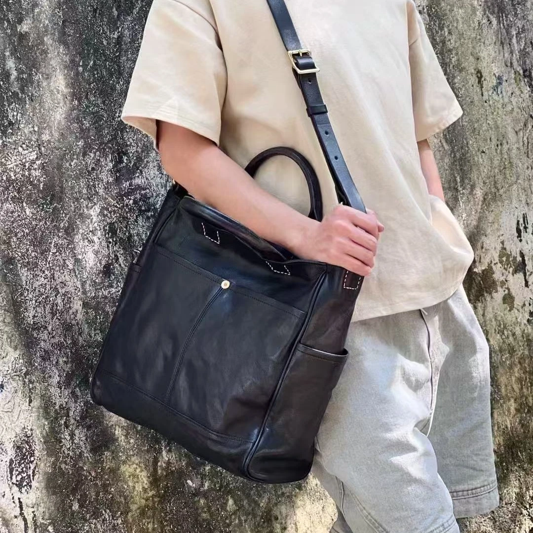 老友皮皮  重磅帆布配皮复古手提大包