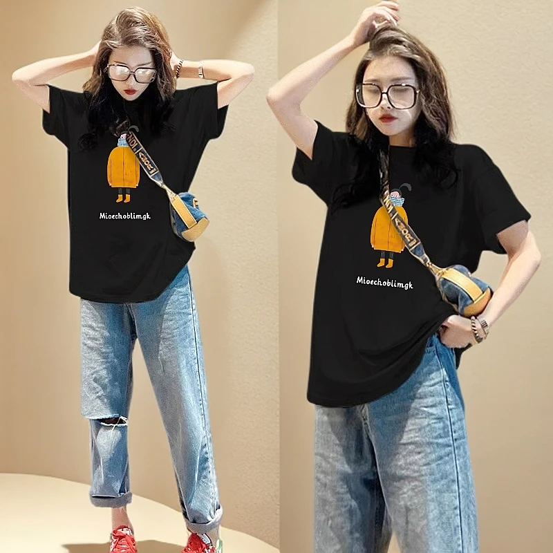 2025新款春夏圆领卡通印花短袖T恤女宽松百搭减龄时尚打底衫上衣