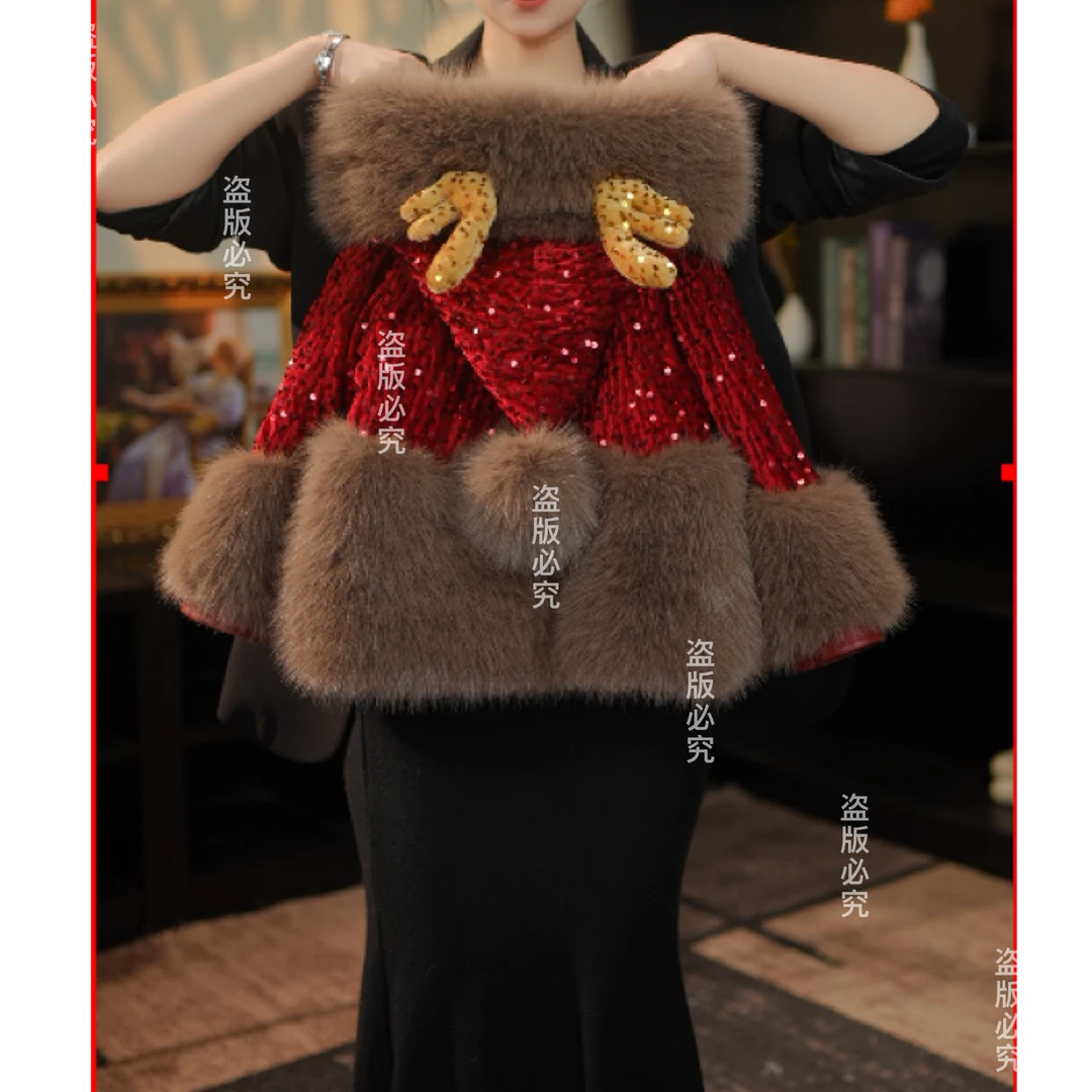 AODUOSEN/奥多森高端定制亮片魔法帽时尚秋冬皮衣一体毛毛外套