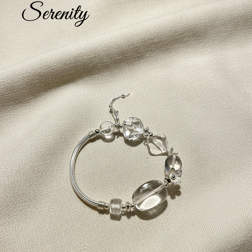 天然白水晶手链 DIY方糖不规则白水晶手串 S925银饰半镯 好运相伴