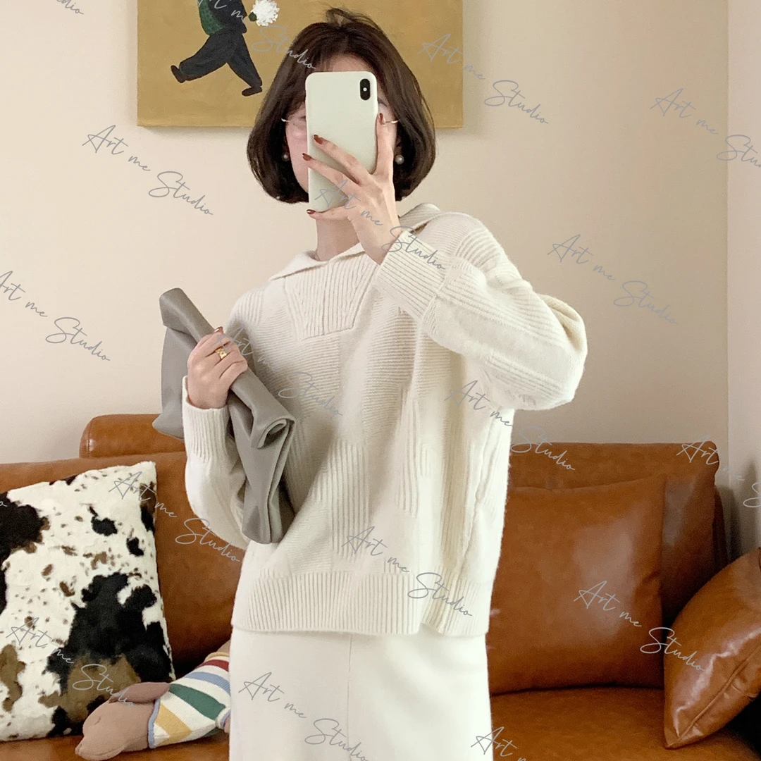 【ART ME】100澳羊毛海军领织纹奶白肌理感上衣w24365