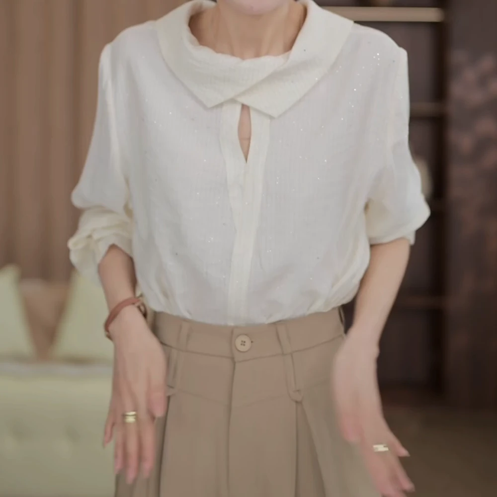 【称心如意】春夏上新气质轻奢设计感百搭暗条纹细闪宽松长袖衬衫