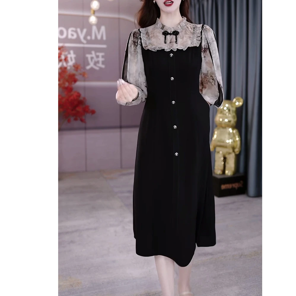 春秋时尚七分袖连衣裙女2025早春新款高端气质妈妈显瘦拼接长裙子