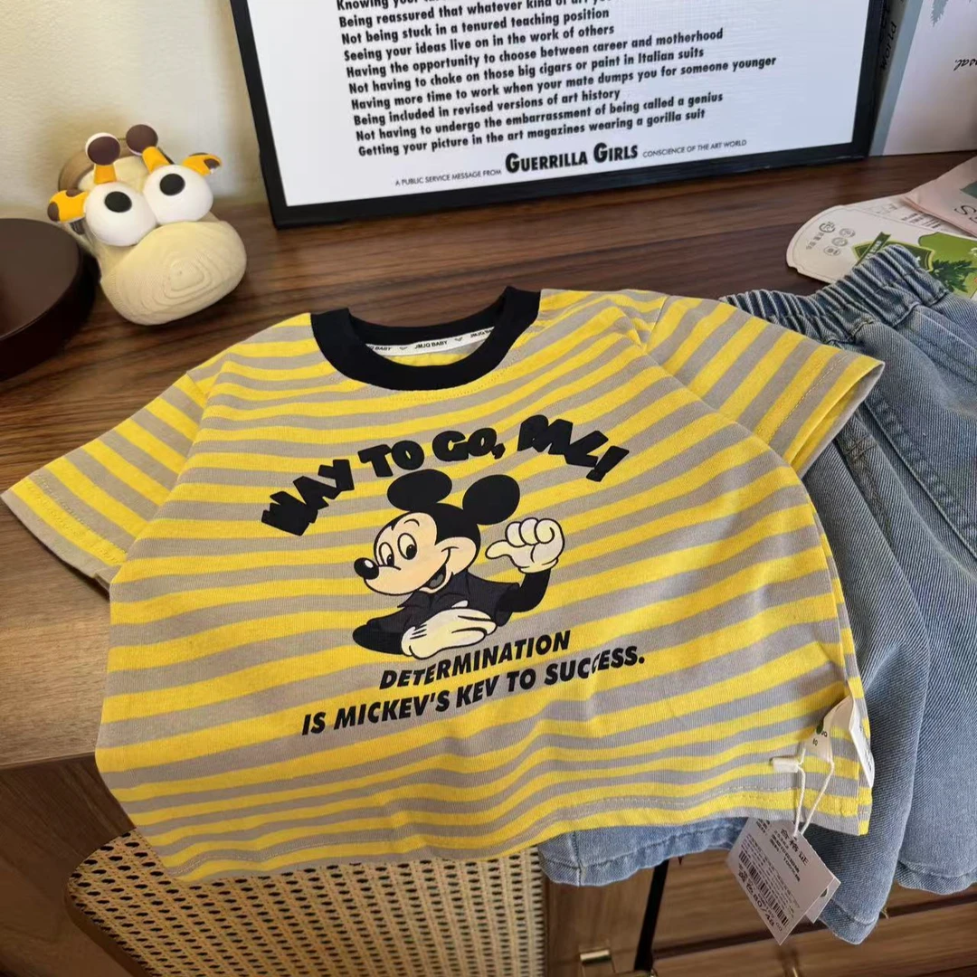 YM【JMJQ 25382】夏季中小童韩版亲肤色织条纹清爽米奇印花圆领短袖