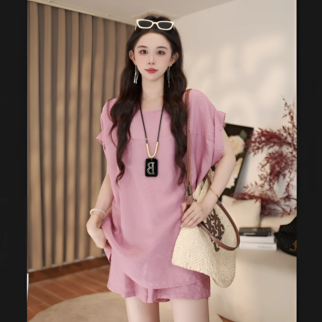 【现货】2025新款韩版洋气显白时尚圆领蝙蝠袖后背扣子套装24714