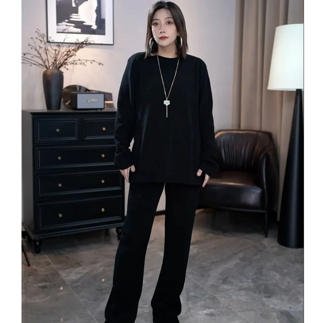 时尚套装欧洲站2024秋冬洋气百搭宽松中长款开叉T恤高腰休闲裤