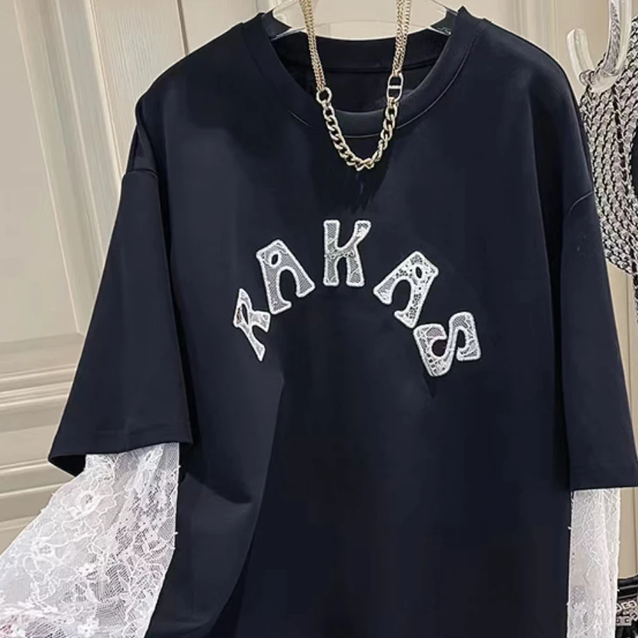 韩版杂志风长袖蕾丝圆领字母拼接T恤